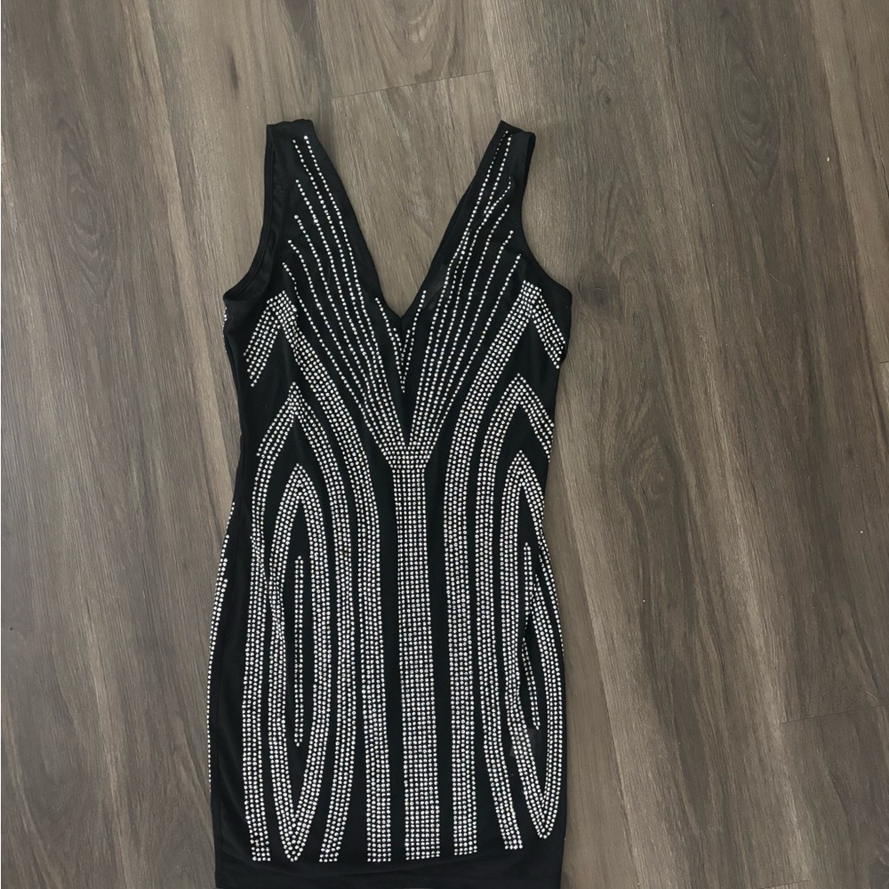 Black Sleeveless V-Neck Studded Bodycon Dress